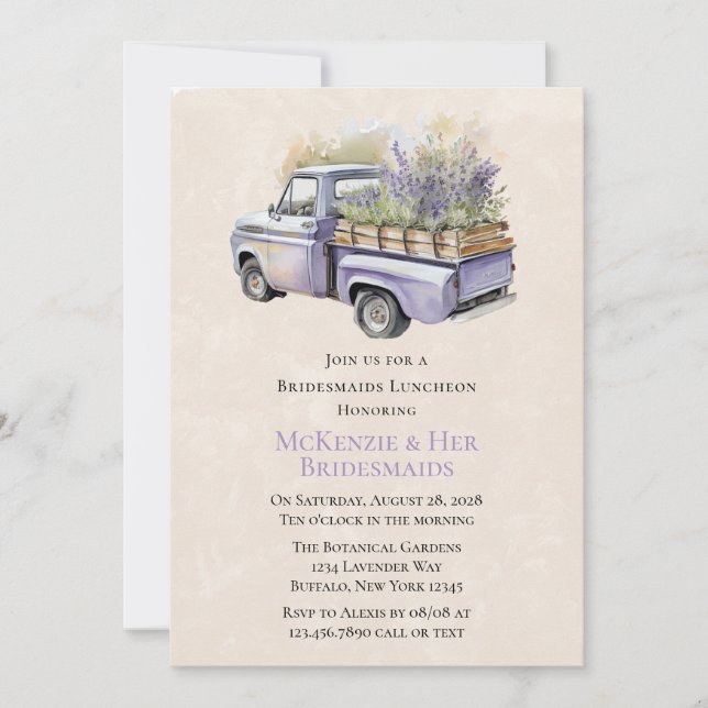 Convite Purple Wisteria Vintage Truck Bridesmaids Lunchee (Frente)