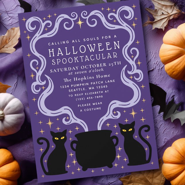 Convite Purple Witchy Black Cat Cauldron Halloween Party (Criador carregado)