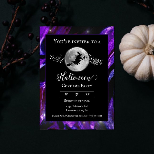 Convite Purple Witette Silhouette Festa de Figurino de Hal (Purple Witch Silhouette Halloween Party Invite)