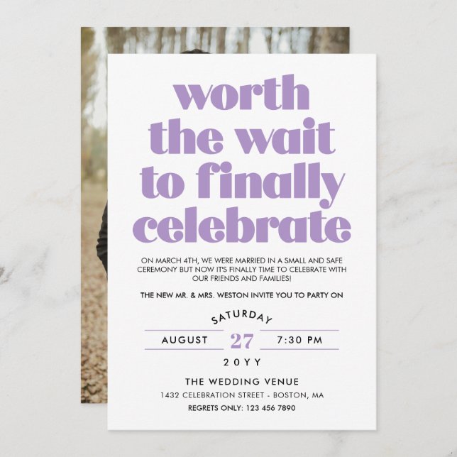 Convite Purple Worth the Wait Sequel Wedding Celebration (Frente/Verso)