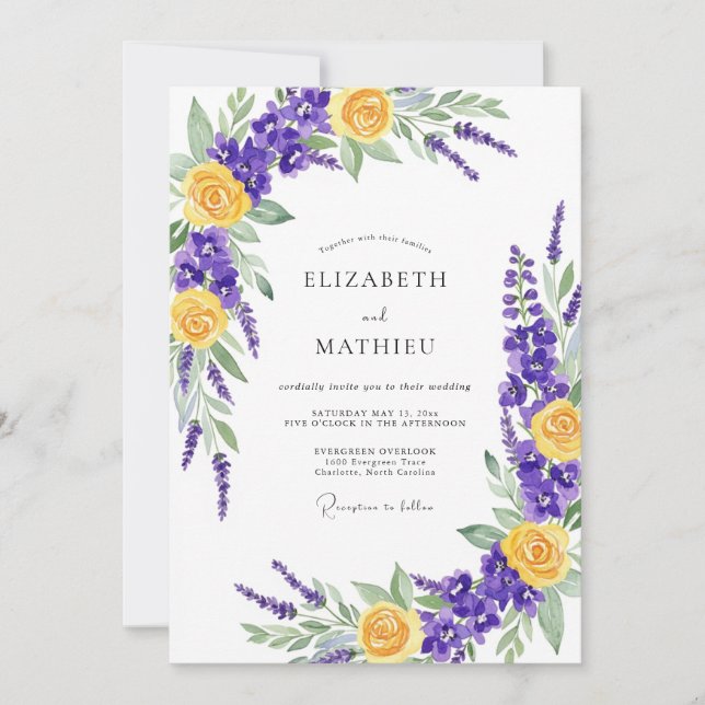 Convite Purple Yellow Vibrant Meadow Wedding (Frente)