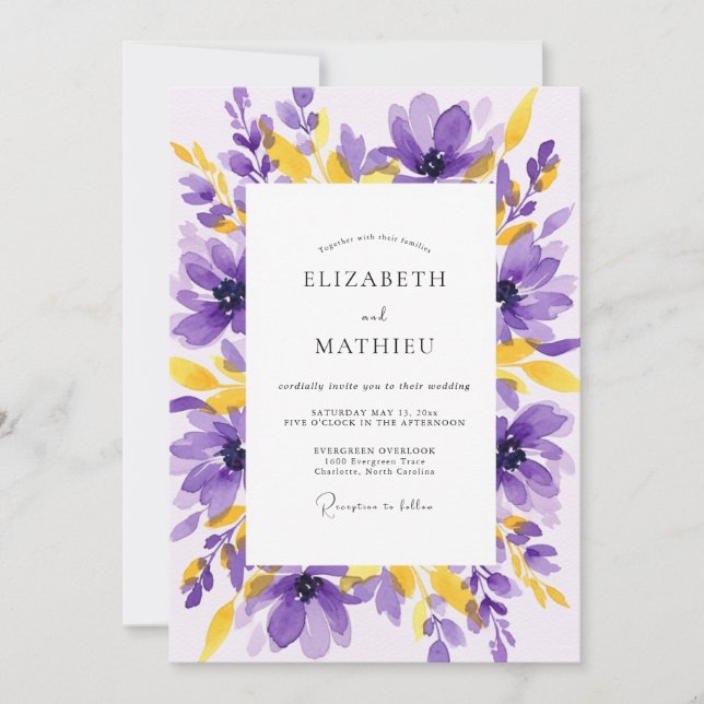 Convite Purple Yellow Vivacious Summer Wedding (Frente)