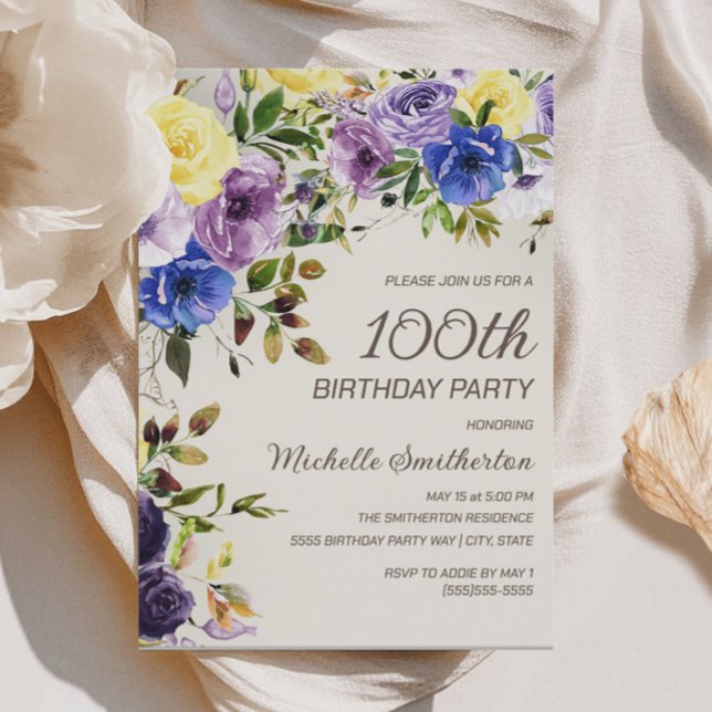 Convite Purple Yellow Watercolor Floral 100º Aniversário (Purple and yellow watercolor floral 100th birthday party invitation)