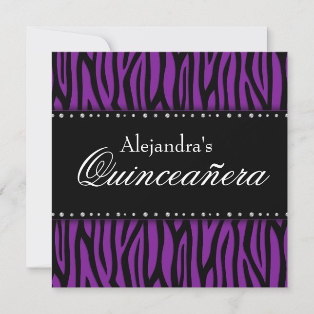 Convite Purple Zebra Diamantes Quinceanera (Frente)