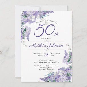 Convite Púrpura 50º Aniversário Floral Wisteria Watercolor