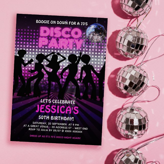 Convite Púrpura 70s - Dança Disco (Time to get you groove on with our out of sight, 70s Disco Party birthday invitation. )