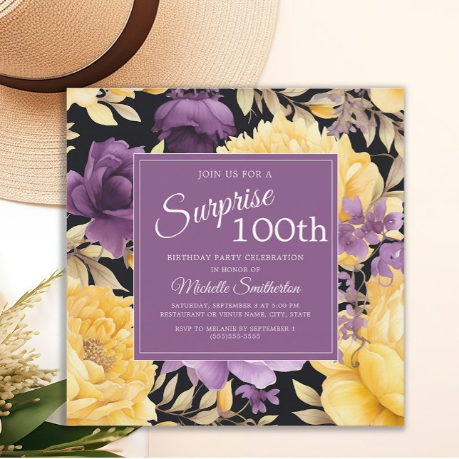 Convite Púrpura Amarelo Floral 100º Aniversário surpresa (Purple and yellow floral surprise 100th birthday party invitation)