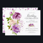 Convite Púrpura Aniversário Floral<br><div class="desc">Convite de aniversário floral com lindas pinturas manuais roxas e cremes e folhas verdes folhadas. Sacudir nosso convite para ver uma borboleta de cor d'água roxa coordenadora de volta para um toque especial extra.</div>