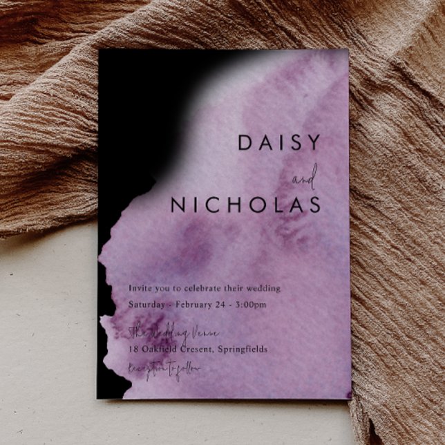 Convite Púrpura Aquarela e Casamento Preto (Criador carregado)