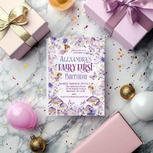 Convite Púrpura Aquarela Fada Floral Primeiro Aniversário