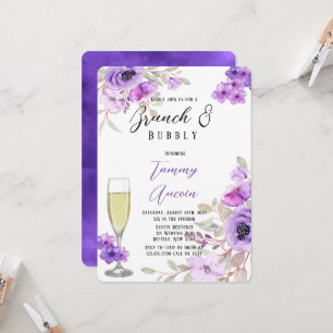 Convite Púrpura Aquarela Flores de Peônias Brunch e Bubble