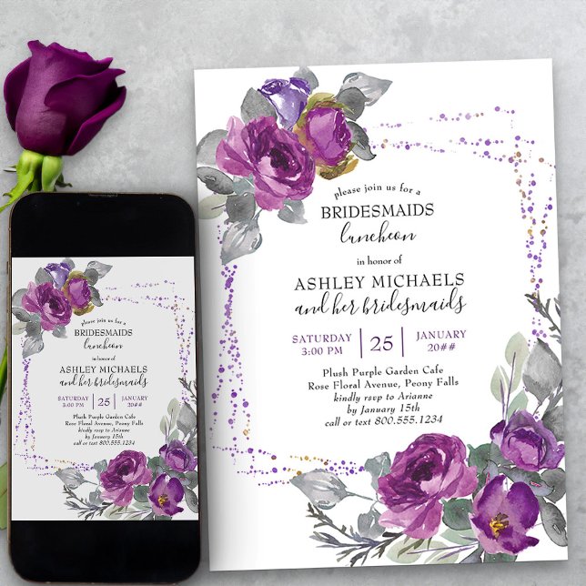 Convite Púrpura Aquarela Pós-Cabras Florais (Purple floral bridesmaids luncheon invitation from my Plush Purple Wedding Collection)