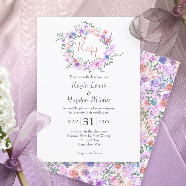 Convite Púrpura, Azul, Rosa, Pêssego, Rosas De Fenda (pastel spring springtime flowers pink purple blue mauve colorful wedding invitations roses wreath)
