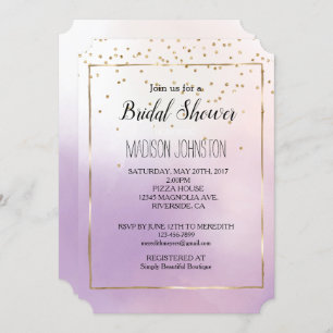 Convite Púrpura Cinza Rosa Mise Romântica Confetti Dourado