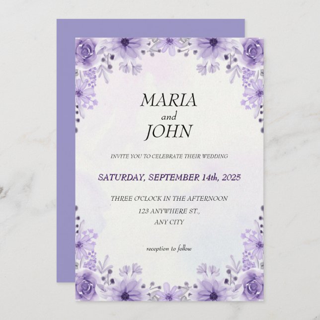 Convite Púrpura Clássica Mínima Romântica e Elegante em Ch (Frente/Verso)