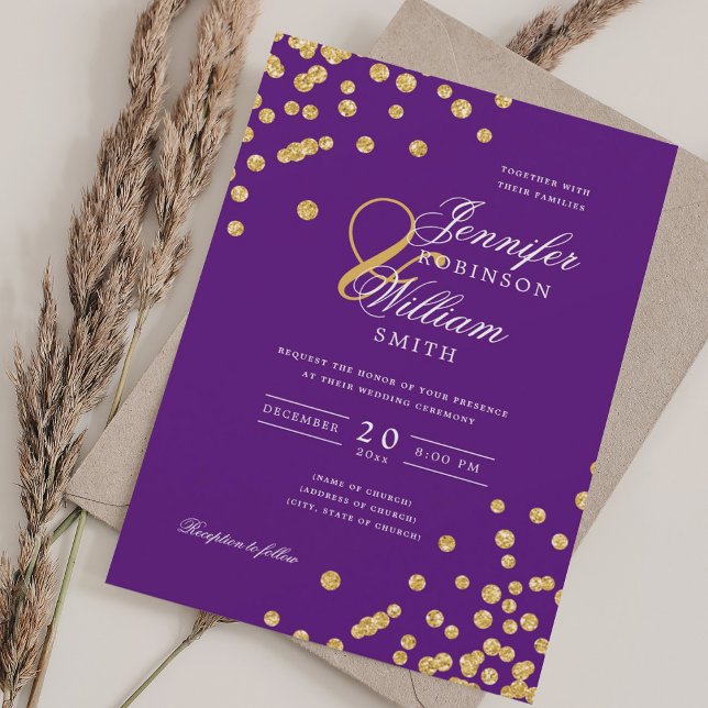 Convite Púrpura Confetti Dourada Casamento de Script Elega (Elegant Script Wedding Gold Confetti Purple Invitation)