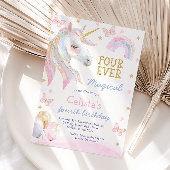 Convite Púrpura Cor-de-rosa Unicórnio Quatro Sempre Magro  (Girls Unicorn Four Ever Magical 4th Birthday Invitation Template, Unicorn Themed 4th Birthday Invite)