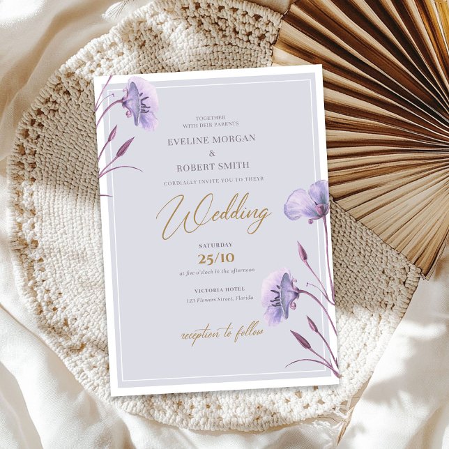 Convite Púrpura de aquarela elegante e boho floral dourado (Elegant watercolor purple and gold floral boho invitation)