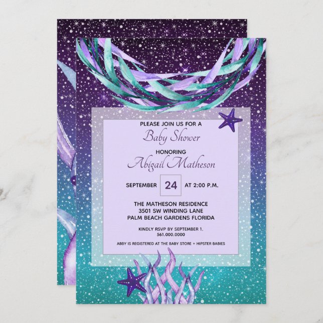 Convite Púrpura De Aquarelas + Teal Sob O Chá de fraldas M (Frente/Verso)