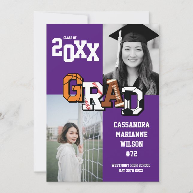 Convite Púrpura de Futebol de Basquete de Graduação Esport (Frente)