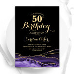 Convite Púrpura Dourada Agate 50º aniversário<br><div class="desc">Roxo,  preto e ouro agam 50º convite de aniversário. Elegante design moderno com aquarela agate marble geode background,  faux glitter gold e typografia script font. Trendy convida o cartão perfeito para uma comemoração de dia das mulheres na moda. Impressos convites Zazzle ou modelo de impressão digital instantânea para download.</div>