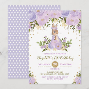 Convite Púrpura Dourada Coelhinha-Coelhinha Aniversário Co