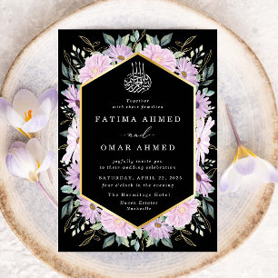 Convite Púrpura Dourada Floral Elegante Deixa Casamento Mu