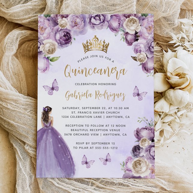 Convite Púrpura Dourada Floral Watercolor Quinceañera (Criador carregado)