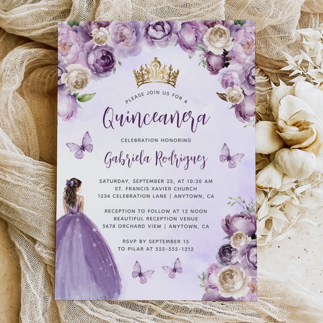 Convite Púrpura Dourada Floral Watercolor Quinceañera (Criador carregado)