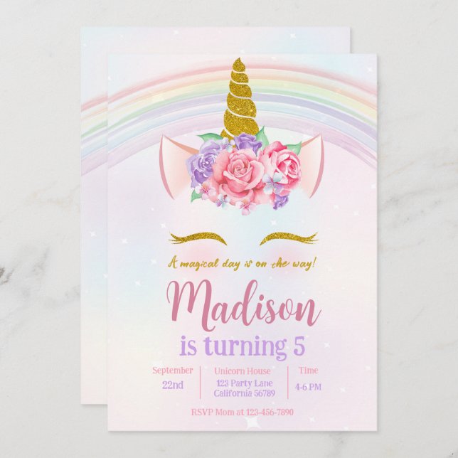 Convite Púrpura Dourada rosa  Festa do Arco-Íris Unicórnio (Frente/Verso)