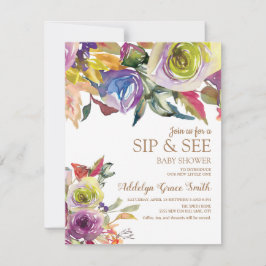 Convite Púrpura Dourada Watercolor Sip Floral Ver Chá de f