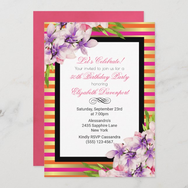 Convite Púrpura e cor-de-água rosa Magolia Aniversário (Frente/Verso)