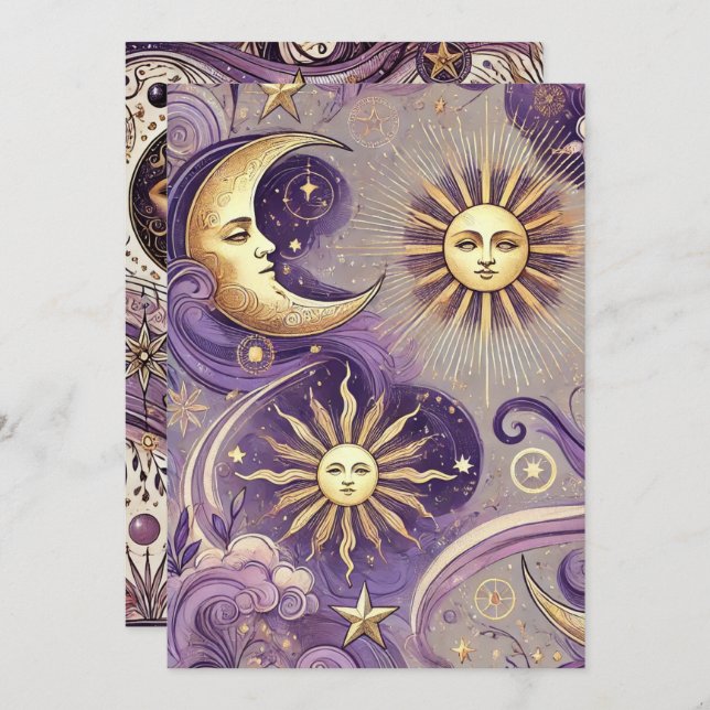 Convite Púrpura e Dourada Boho Celestial Solar e Lua (Frente/Verso)