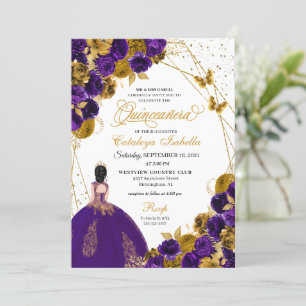 Convite Púrpura e Dourada Butterfly Princess Quinceanera