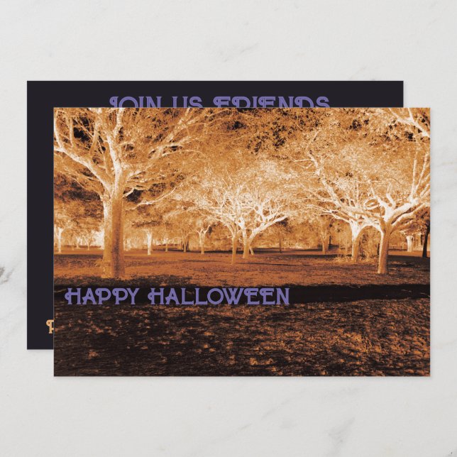 Convite Púrpura e Laranja do Halloween Scary Woods (Frente/Verso)