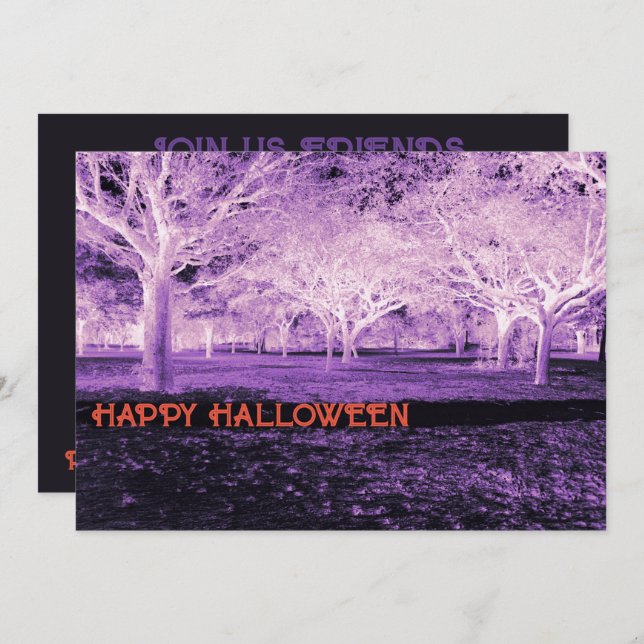 Convite Púrpura e Laranja do Halloween Scary Woods (Frente/Verso)