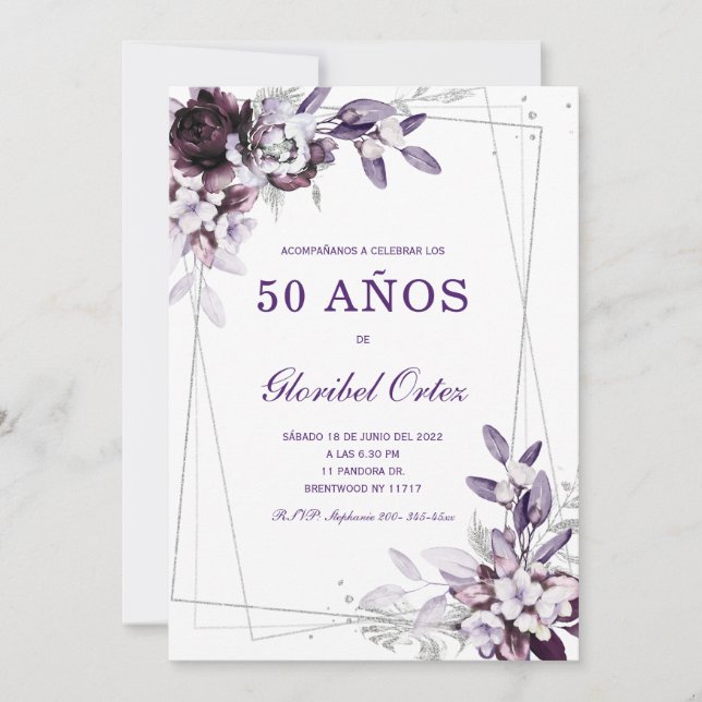 Convite Púrpura e Lavanda Prata modelo de 50 anos (Frente)