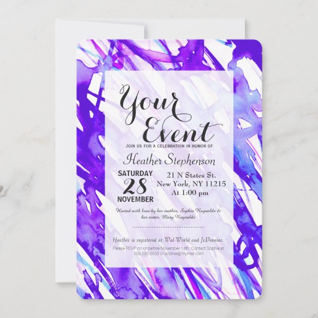 Convite Púrpura e Pink Watercolor Paint Splatter (Frente)
