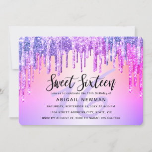 Convite Púrpura elegante e brilho rosa pinga doce dezessei