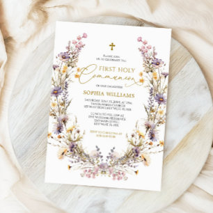 Convite Púrpura Elegante Flor Selvagem Primeira Comunhão S