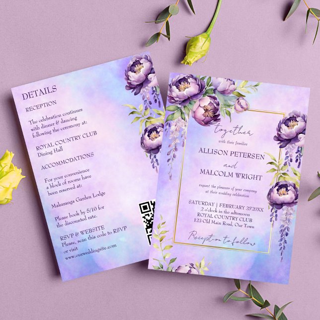 Convite Púrpura elegante, tudo numa modelo de casamento (Elegant purple flowers wedding editable template invitation digital download lilac peonies wisteria )
