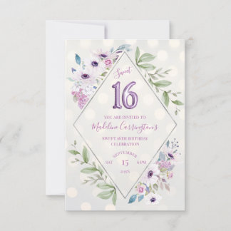 Convite Púrpura Floral Doce 16 Aniversário