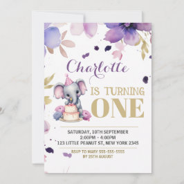 Convite Púrpura Floral Elefante Boho Birthday