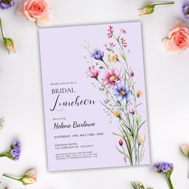 Convite Púrpura Floral Elegante Marinha Bridal (Purple Floral Elegant Wildflower Bridal Luncheon Invitation)