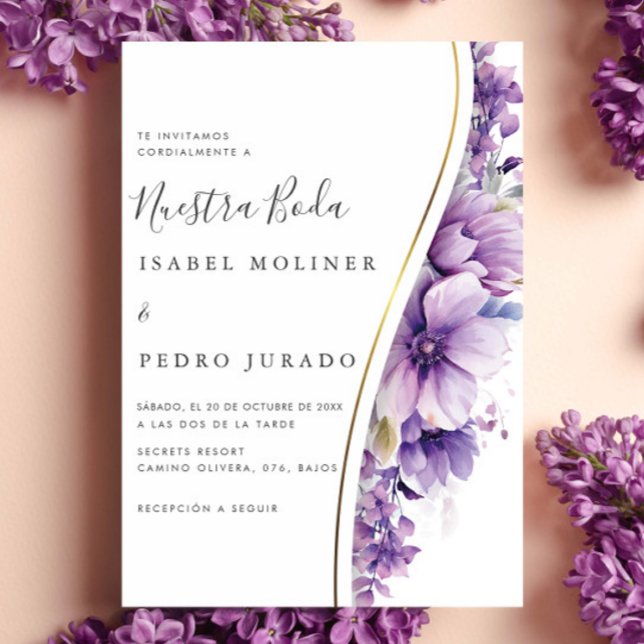 Convite Púrpura Floral Foliage Nuestra Boda Casamento Espa (Criador carregado)