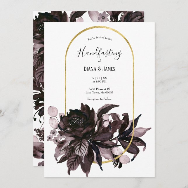 Convite Púrpura Floral Gothic Boho Pagan Handfasting (Frente/Verso)