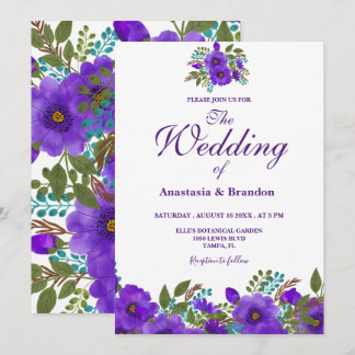Convite Púrpura Floral Watercolor | Casamento