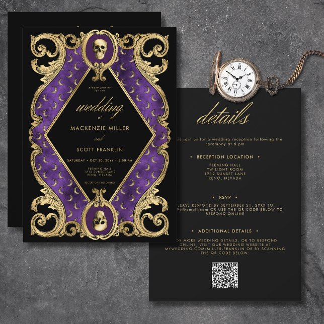 Convite Púrpura Gótica e Dourada Moldura Crônica Dois Lado (Gothic Purple & Gold Skull Frame All In One Invitation)