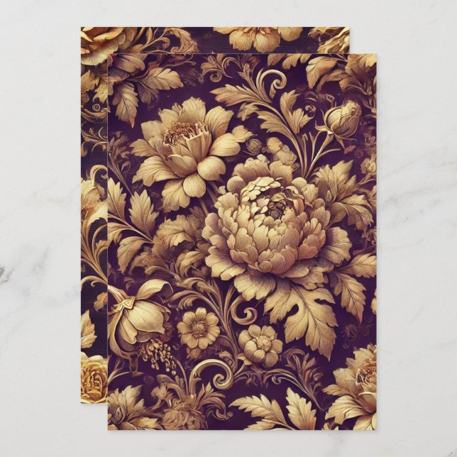 Convite Púrpura Imprimível e Padrão Floral Vitoriano Doura (Frente/Verso)