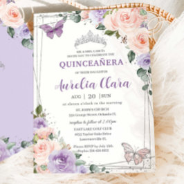 Convite Púrpura Lilac Blush Prata Floral Quinceañera XV 16